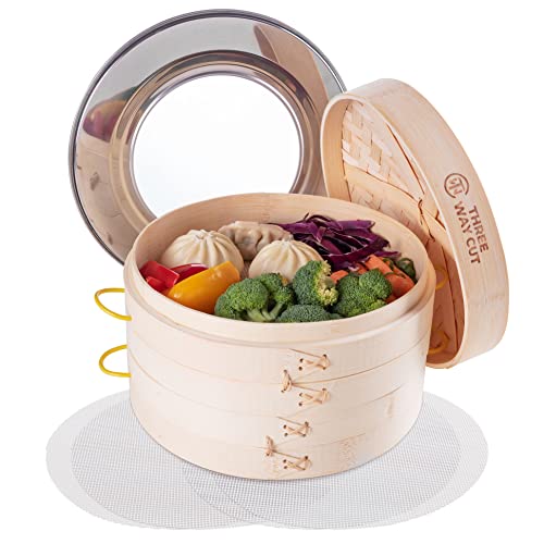 Bamboo Steamer 10 Inch 2 Tier Wooden Basket With Handle, Ring Adapter, Reusable Silicone Liner, Kit For Cooking Dumpling Baby Bao Bun, Dim Sum, Rice Potsticker Steaming Chinese Asian Food & Vegetables