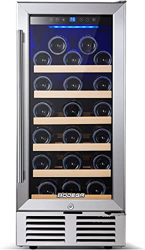 BODEGA 15 Inch Wine Cooler Under Counter, 26 Bottles Mini Fridge Wine Cooler Refrigerator, with Double-Layer Glass Door,Temperature Memory and Digital Temperature Control,Built-in or Freestanding