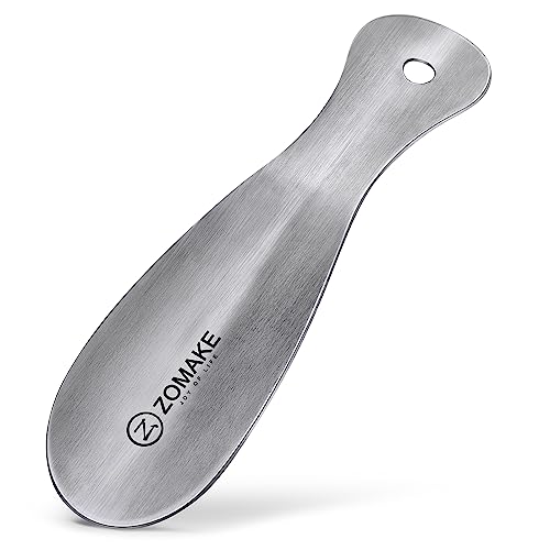 ZOMAKE Metal Shoe Horn Small Shoehorn 7.5 inch - Travel Shoe Horns for Seniors Men Women Kids - Stainless Steel Shoe Horn with Hook (Silver)