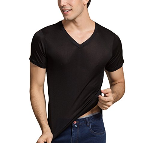 LingDooo Men's Silk Shirt Soft Breathable Sport T-Shirt Underwear Slim Short/Long Sleeve Tops (L(Tag 2XL), V-Black)