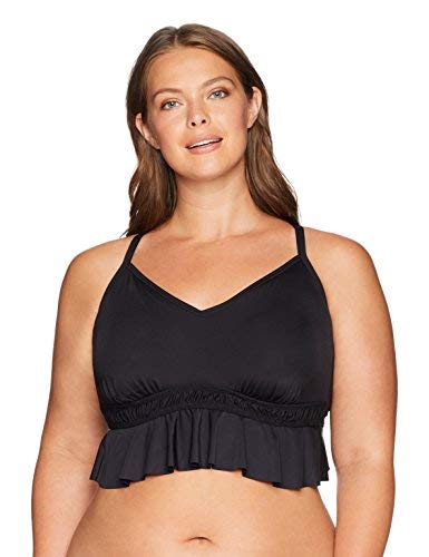 Kenneth Cole REACTION Women's Plus Size Ruffled V-Front Crop Top Swimsuit, Black, 2X