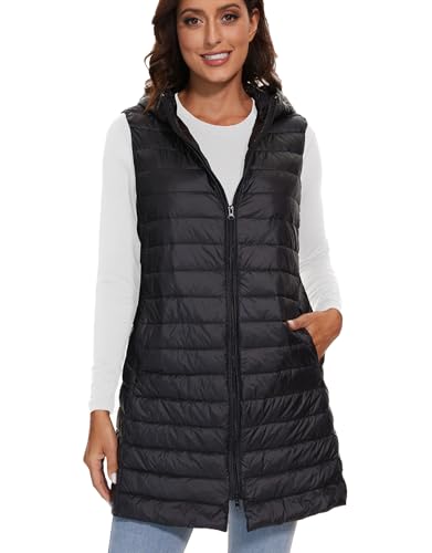 ELFJOY Long Puffer Vest Women Lightweight Down Vest with Hood Winter Warm Womens Vests Outerwear Sleeveless Puffer Jacket