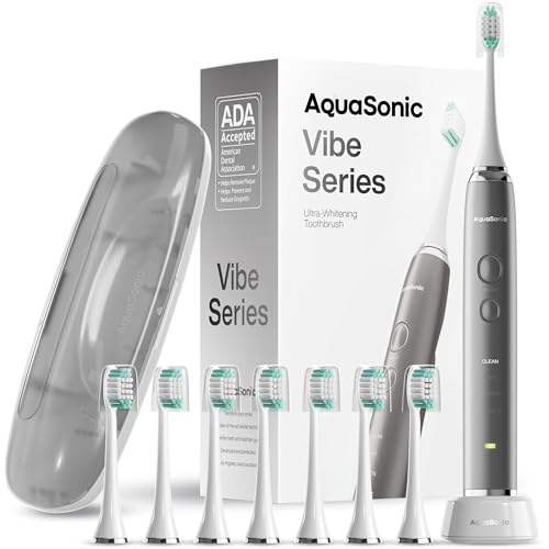 Aquasonic Vibe Series Ultra-Whitening Toothbrush – ADA Accepted Power Toothbrush - 8 Brush Heads & Travel Case – 40,000 VPM Motor & Wireless Charging - 4 Modes w Smart Timer – Charcoal Metallic