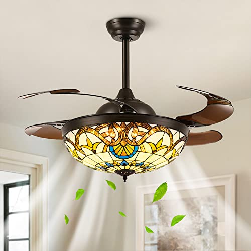 APBEAMLighting 42' Tiffany Ceiling Fan Stained Glass Ceiling Fan Retractable Chandelier Ceiling Fan with Light Remote Control Dimmable with 4 Reverse Blades for Bedroom, Living and Dining Room