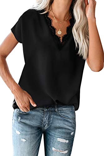 lime flare Women Sexy V Neck Lace Trim Satin T-Shirt Tops Dressy Silk Lacy Tank Blouse Shirt (Black Eyelash Lace Short Sleeve,Large)