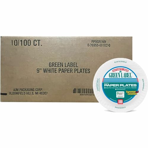AJM Packaging PP9GREWH 9' White Paper Plates Green Label (10 Packs of 100)