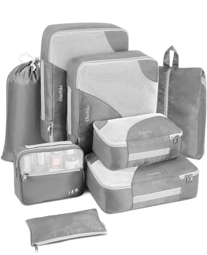 OlarHike 8 Set Packing Cubes for Travel, Luggage Organizer Bags for Travel Accessories Travel Essentials, Travel Cubes for Carry on Suitcases (Ash Grey)