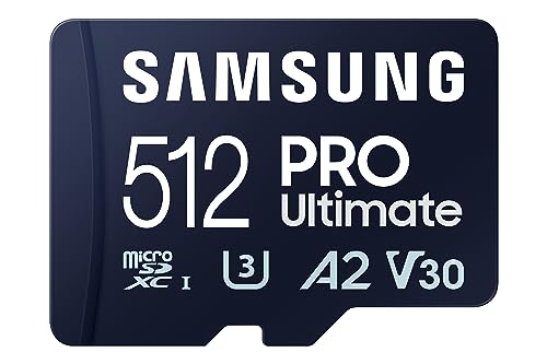 SAMSUNG PRO Ultimate microSD Memory Card + Adapter, 512GB microSDXC, Up to 200 MB/s, 4K UHD, UHS-I, Class 10, U3,V30, A2 for GoPRO Action Cam, DJI Drone, Gaming, Phones, Tablets, MB-MY512SA/AM