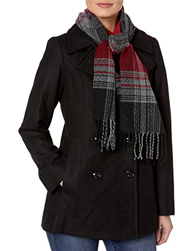 London Fog Women's Double Breasted Peacoat with Scarf, Black, XL