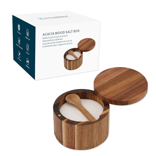 KITCHENDAO Acacia Wood Salt Cellar Bowl Box with Built-in Spoon to avoid Dust, Elegant Kitchen Salt Container Holder with Swivel Magnetic Lid to Storage Pepper Spice Bath Salt Sea Salt, 6OZ