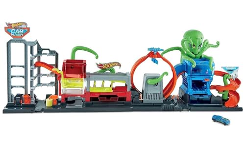 Hot Wheels Toy Car Track Set City Ultimate Octo Car Wash & Color Reveal Car in 1:64 Scale, Color Change in Very Warm & ICY Cold Water