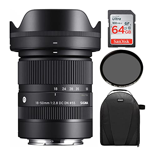 Sigma 18-50mm f/2.8 DC DN Contemporary Lens for Sony E Mount with Tiffen CPL Filter, 64GB SD Card, and Camera Bag Bundle (4 Items)