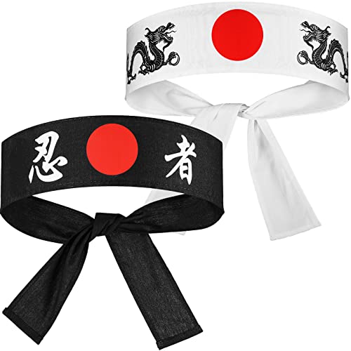 SATINIOR Bushido Hachimaki Headband 2 Pieces Samurai Japanese Headband Sushi Chef Bandana Tie on Costume Headwear for Karate Sports Cooking Kitchen Supply (Dragon, Character)