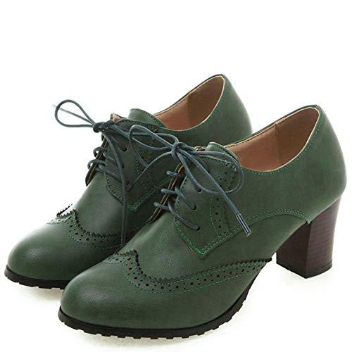 VIMISAOI Women's Vintage Oxfords Brogues Wingtip Chunky Block Heel Shoes, Lace-up Perforated Stacked Pumps Dress Saddle Shoes Gift