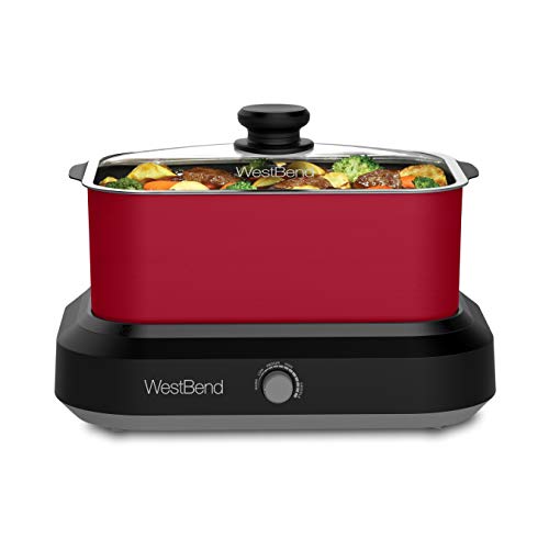 West Bend 87905R Slow Cooker Large Capacity Non-stick Vessel with Variable Temperature Control Includes Travel Lid and Thermal Carrying Case, 5-Quart, Red