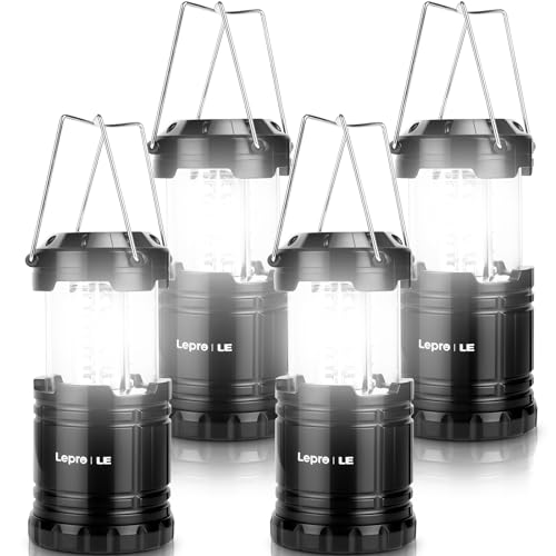 Lepro LED Lanterns Battery Powered, Camping Essentials, Collapsible, IPX4 Water Resistant, Outdoor Portable Lights for Emergency, Hurricane, Storms and Outages, 4 Pack