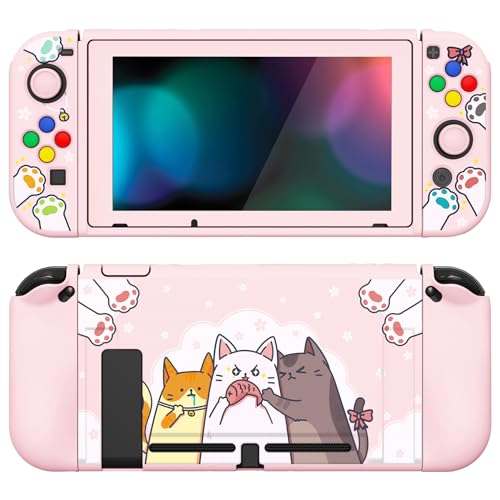 playvital ZealProtect Soft Protective Case for Nintendo Switch, Flexible Cover Protector for Switch with Screen Protector & Thumb Grip Caps & ABXY Direction Button Caps - Hungry Kitties