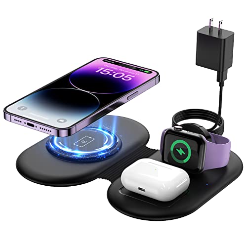 Wireless Charging Station, Folding Magnetic Travel Wireless Charger Pad for Apple, Fast Charging Station for iPhone 15/14/13/Pro Max, Compatible with Apple Watch Ultra/9/8/7 AirPods 3/Pro, Charger-Pad
