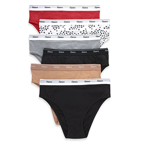 Hanes Women's Originals Hi-Leg Panties, Breathable Stretch Cotton Underwear, Assorted, 6-Pack, Basic Color Mix, Large