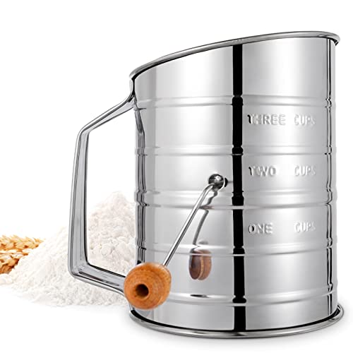 Flour Sifter, 3 Cup Flour Sifter for Baking Fine Mesh Rotary Hand Crank with Loop Agitator for Quick Sifting, Flour Sifter Stainlees Steel, Crank Sifter Flour for Baking Cakes and Spices Toresano