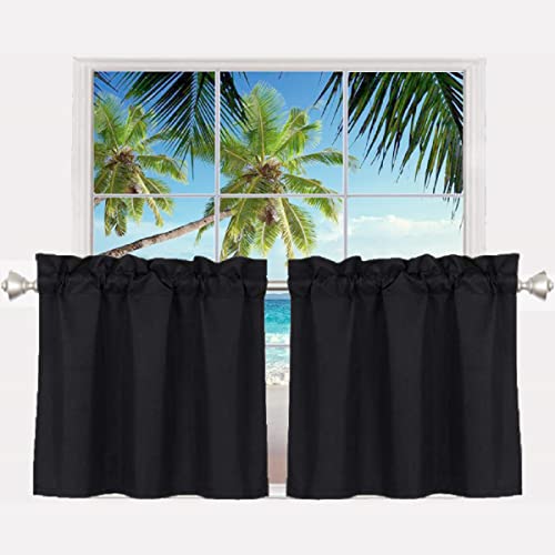 Pickluc 24 Inch Long Tier Curtains for Small Window Treatment, Short Blackout Curtain with Rod Pocket - Half Window Curtains for Kitchen, Cabinet, Basement, Camper, 2 Panels, Black, 30 Inches Wide