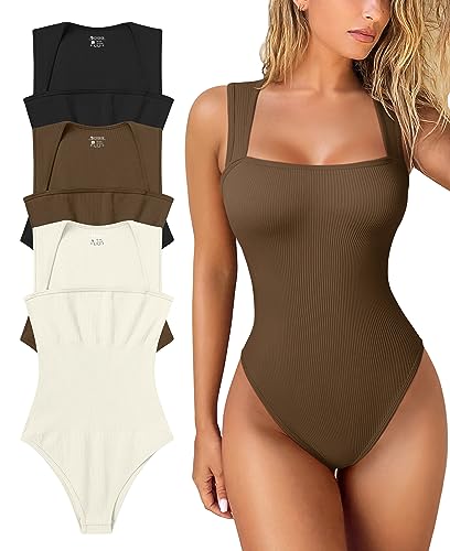 OQQ Women's 3 Piece Bodysuits Sexy Ribbed Strappy Square Neck Sleeveless Tummy Control Tank Tops Bodysuits Black Coffee Beige