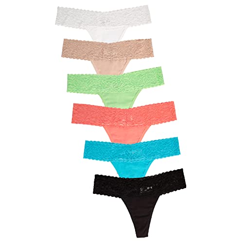 6 Pack Cotton Thong Underwear Lace Trim Soft Sexy Lingerie Panties For Women Set, Medium / 6-8, Multicolor