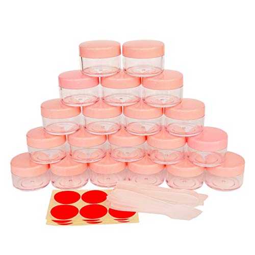 20pcs 15 Gram 15ml Jars, Small Cosmetic Sample Empty Container, Plastic Round Pot Pink Screw Cap Lid, Tiny 15g Bottle for Makeup, Eye Shadow, Nails, Powder, Jewelry, Beads, Free 20 Spatulas + Labels