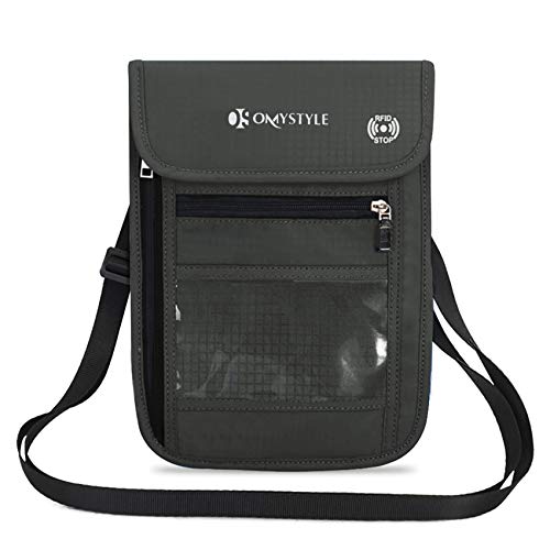 OMYSTYLE Travel Neck Pouch, RFID Passport Holder with Adjustable Neck Strap, Waterproof Neck Wallet for Men & Women to Keep Cash, Credit Cards and Documents Safe, Irongrey (8x6)