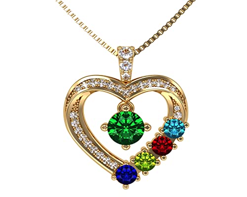 Central Diamond Center Mother & Child Heart Birthstone Necklace 1-6 Stones 22' Adj. Box Chain- Silver Yellow Gold Plated