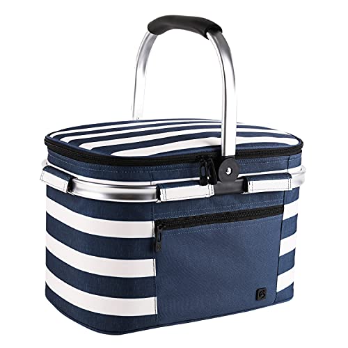 ALLCAMP Insulated Picnic Baskets Shoping Basket Cooler Bag Collapsible Portable Picnic Basket (Blue White Stripe)