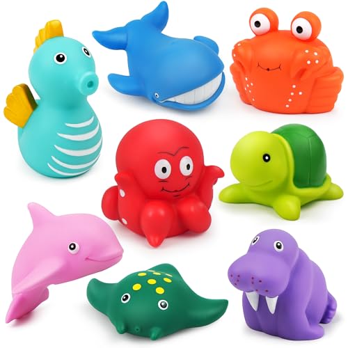 LotFancy Bath Toys for Kids Ages 1-3, Mold Free Bath Toys for Infants Toddlers, 8PCS No Holes Ocean Sea Animal Bathtub Toys, Soft Baby Bath Tub Toys