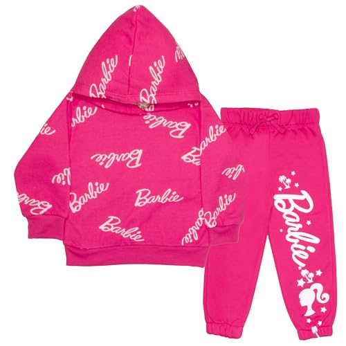 Barbie Logo All-Over Print Girls Pullover Hoodie & Jogger Pants Set for Kids (Size 6, Pink)