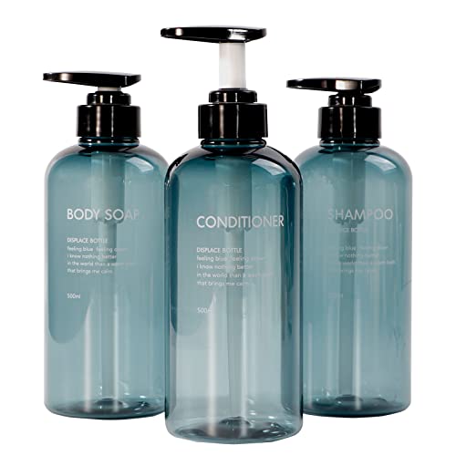 Shampoo and Conditioner Dispenser Bottles,Yeeco Pump Bottle 3 Pack Refillable Clear Blue Shampoo Dispenser 16.9oz/500ml Plastic Shampoo Bottles with Pump for Bathroom, Kitchen, Hotel