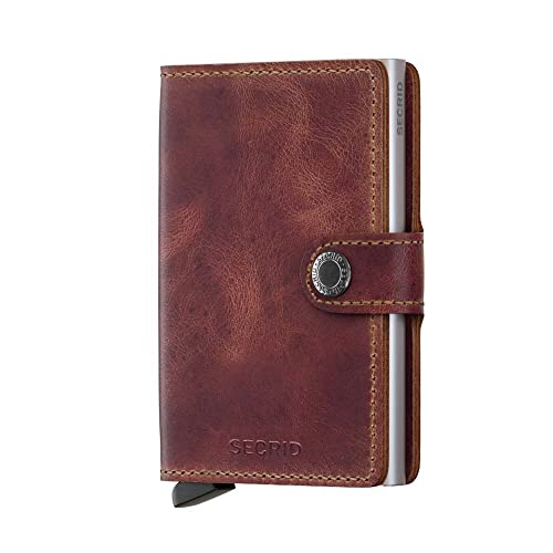 SECRID Mini Wallet Genuine Blue Leather with Titanium RFID Protection/with one Click All Cards Slide Out Gradually (Brown)