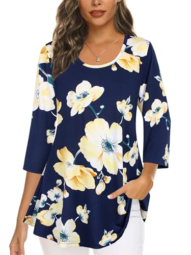 Tencole Blouses for Women Dressy Casual, 3/4 Sleeve Shirts for Women Dressy Tunics or Tops to Wear with Leggings Floral Tops for women casual Long Sleeve Summer Outfits Navy Yellow XL