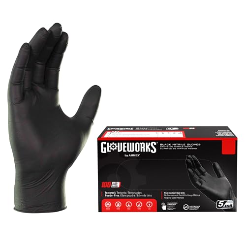 GLOVEWORKS Black Disposable Nitrile Industrial Gloves, 5 Mil, Latex & Powder-Free, Food-Safe, Textured, Large, Box of 100