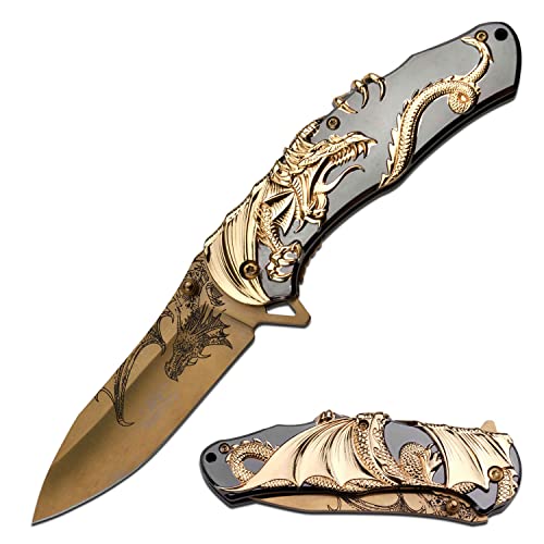 Masters Collection -Spring Assisted Open Folding Knife - Gold TiNite Coated Stainless Steel Blade w/Etched Dragon, Gold and Black 2-Tone Zinc Alloy Handle w/Sculpted Dragon - MC-A045