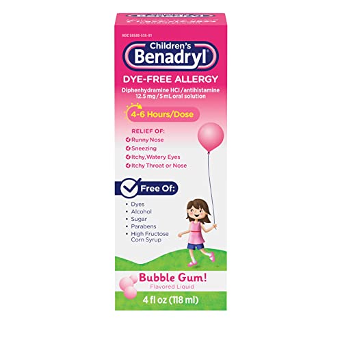 Benadryl Children's Dye-Free Allergy Liquid Medication with Diphenhydramine HCl, Antihistamine Allergy Relief Medication for Kids, Alcohol-Free, Bubble Gum Flavor, 4 fl. oz