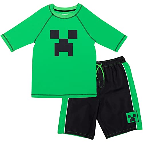 Minecraft Creeper Little Boys Rash Guard and Swim Trunks Outfit Set green/black 7