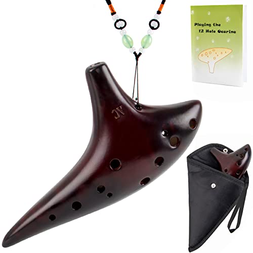 AKLOT Ocarina 12 Holes Alto C Smokey Straw Fired Ceramic Ocarinas with Protective Bag Starter Song Booklet for Kid Adult Beginner