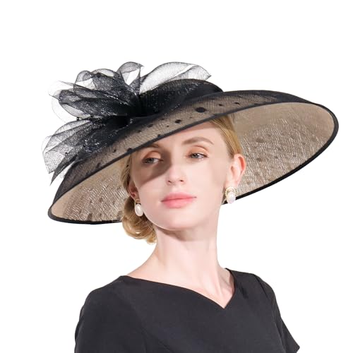 Leopard Kentucky Derby Hats for Women Large Brim Polka Dot Hat Mesh Sinamay Fascinators