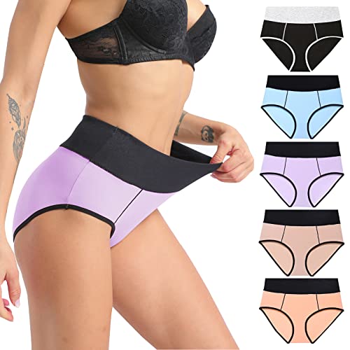 UUZF Cotton Briefs High Waisted Soft Womens Full Coverage Stretch Underwear Breathable Panties Regular & Plus Size 5-Pack