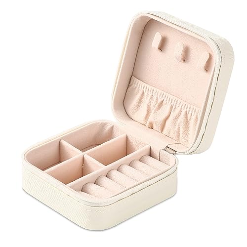 Portable Travel Mini Jewelry Box Leather Jewellery Ring Organizer Case Storage Gift Box Girls Women (white).