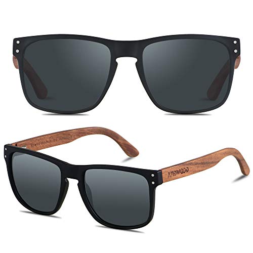 ANDWOOD Mens Sunglasses Polarized UV Protection Wooden Frame Beach Sun Glasses Womens Square Wood Shades Black