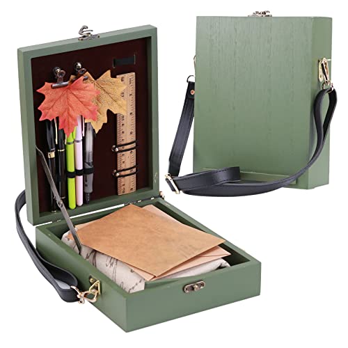 Writers Messenger Wood Box, Retro Wooden Handmade Portable Crossbody Postman Bag, Multi-Function Artist Tool and Brush Storage Box (Green)