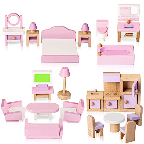 Wooden Dollhouse Furniture Set, 22 Pcs Miniature Dollhouse Accessories Including 5 Room Kits, Little People House Furniture, Doll House Furniture Toys Gift for Girls Boys Age 3+