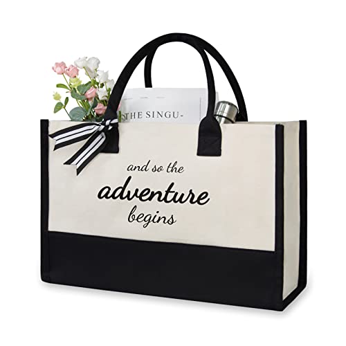 TOPDesign Canvas Tote Bride Bag, Inspirational Bridal Shower, Bachelorette Party, Engagement Wedding Gifts, Congratulation Present for New Chapter-And So the Adventure Begins