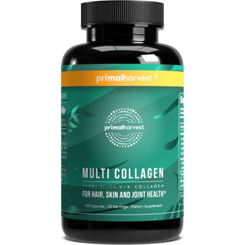 Primal Harvest Multi Collagen Pills for Women and Men (Type I, II, III, V, X) 120 Capsules w/Vitamin C for Hair, Skin, Nails