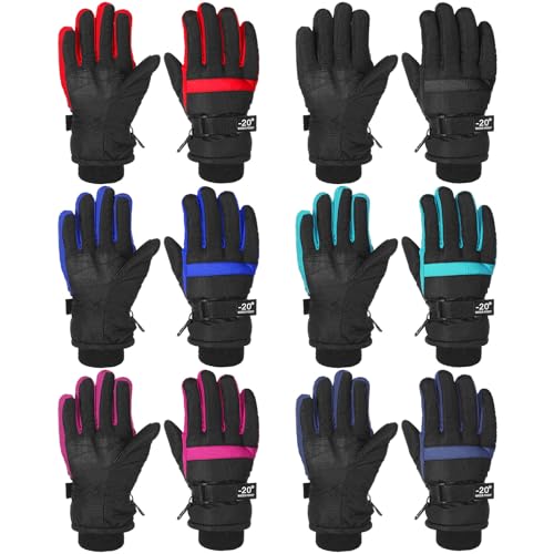 6 Pairs Kids Winter Gloves Waterproof Snow Ski Gloves Windproof Kids Gloves Warm Kids Snow Gloves for Kids (Red, Green, Blue, Black, Dark Blue, Pink,8-12 Years)